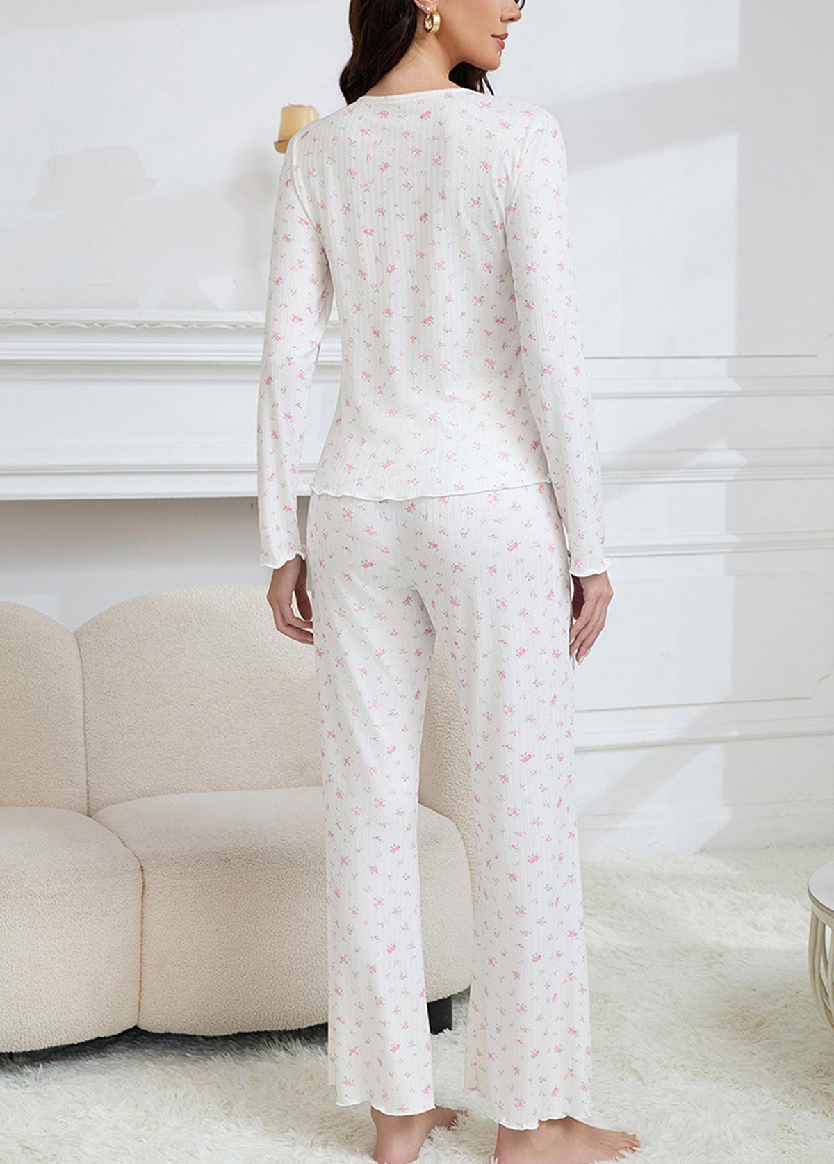 Beige Ditsy Floral Print Lounge Top and Pants | picture 