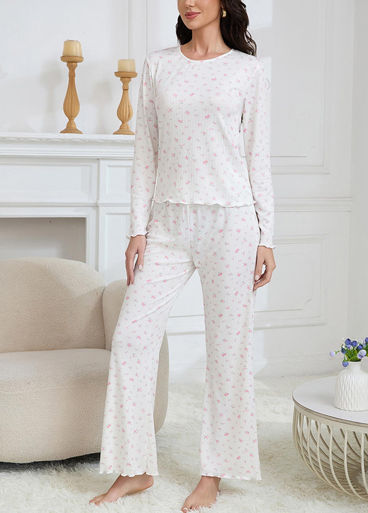 Beige Ditsy Floral Print Lounge Top and Pants | picture 