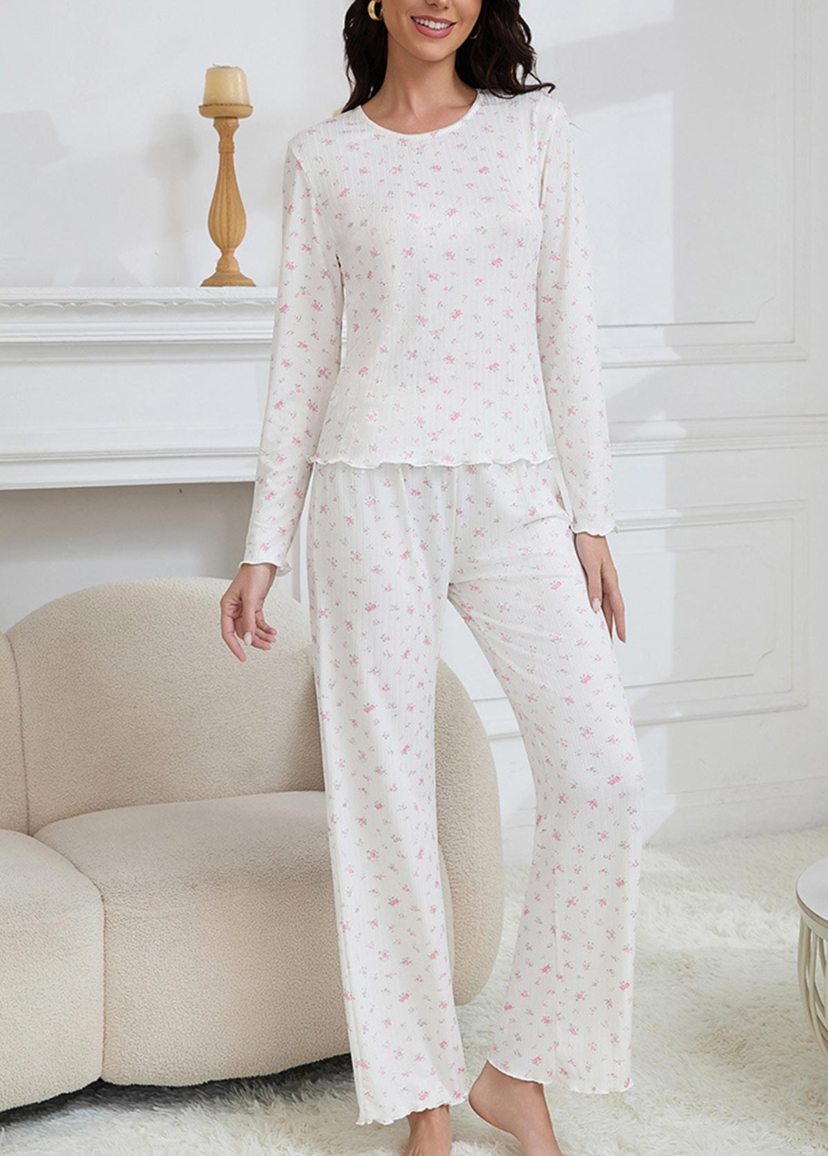 Beige Ditsy Floral Print Lounge Top and Pants | picture 