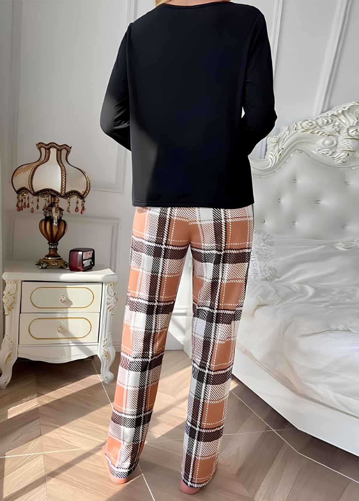 Light Coffee Plaid Long Sleeve Lounge Top and Pants | picture 
