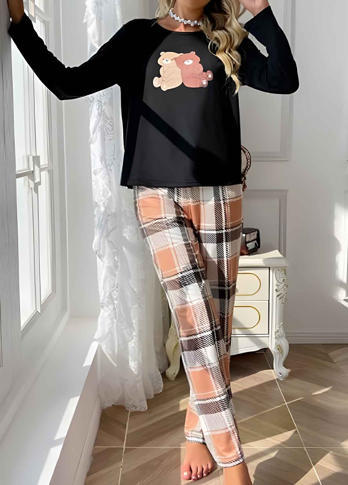 Light Coffee Plaid Long Sleeve Lounge Top and Pants | picture 