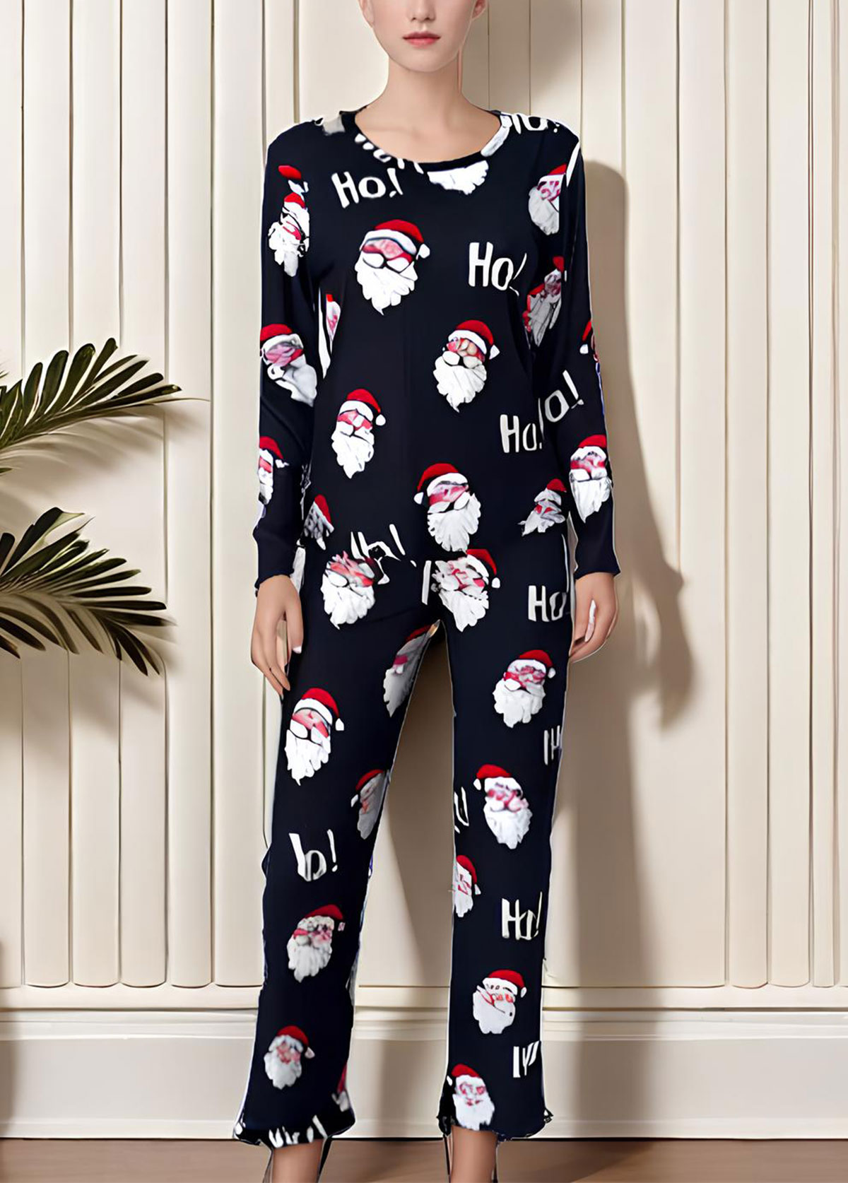 Christmas Black Santa Claus Print Lounge Top and Pants | picture 
