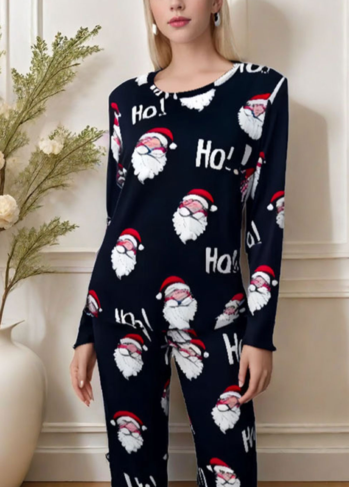 Christmas Black Santa Claus Print Lounge Top and Pants | picture 