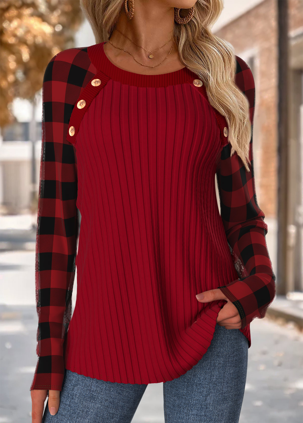 Wine Red Tummy Coverage Plaid Long Sleeve T Shirt | picture 