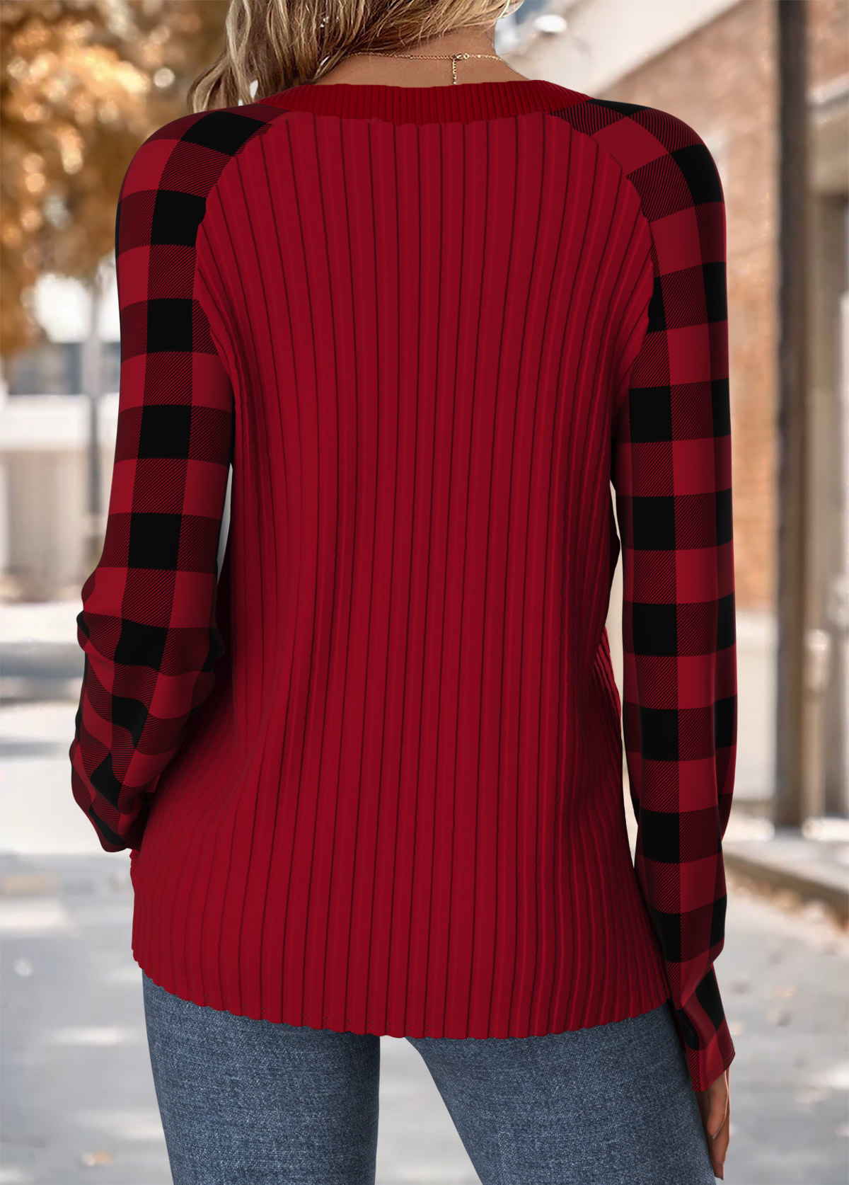 Wine Red Tummy Coverage Plaid Long Sleeve T Shirt | picture 
