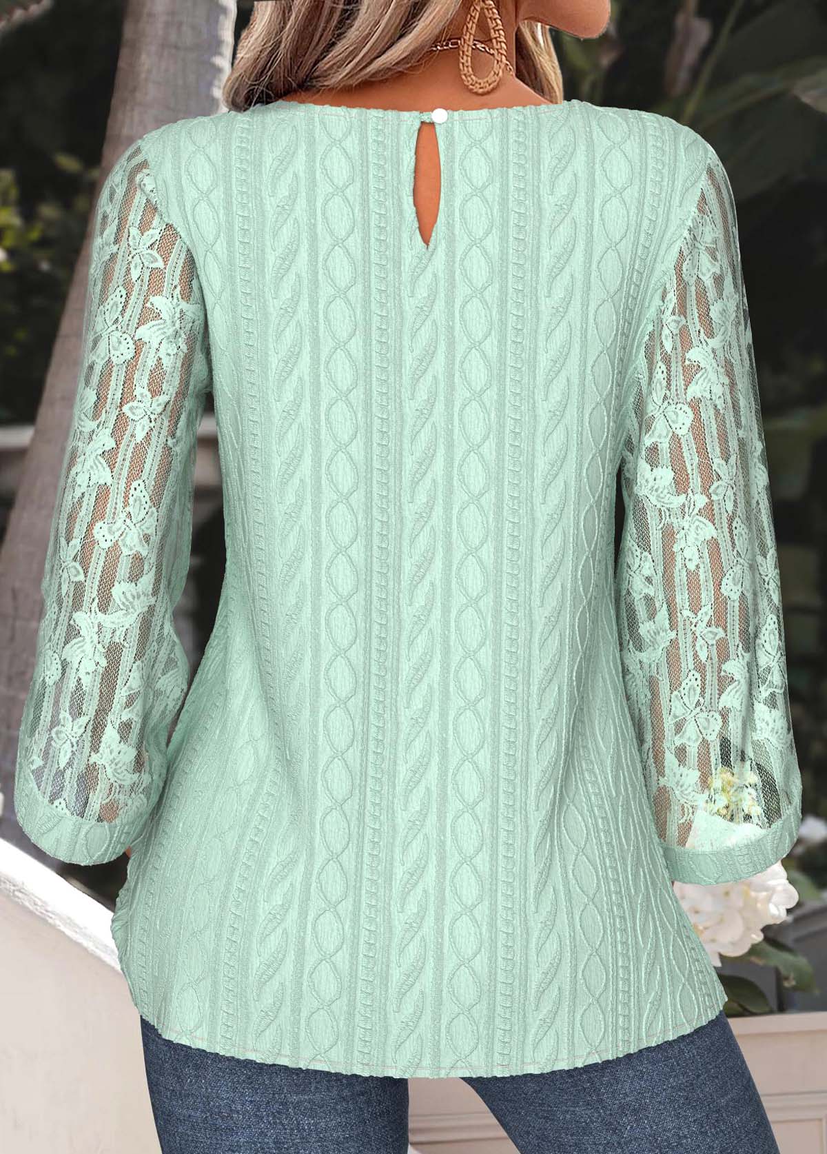 Mint Green Tummy Coverage 3/4 Sleeve Round Neck Blouse | picture 