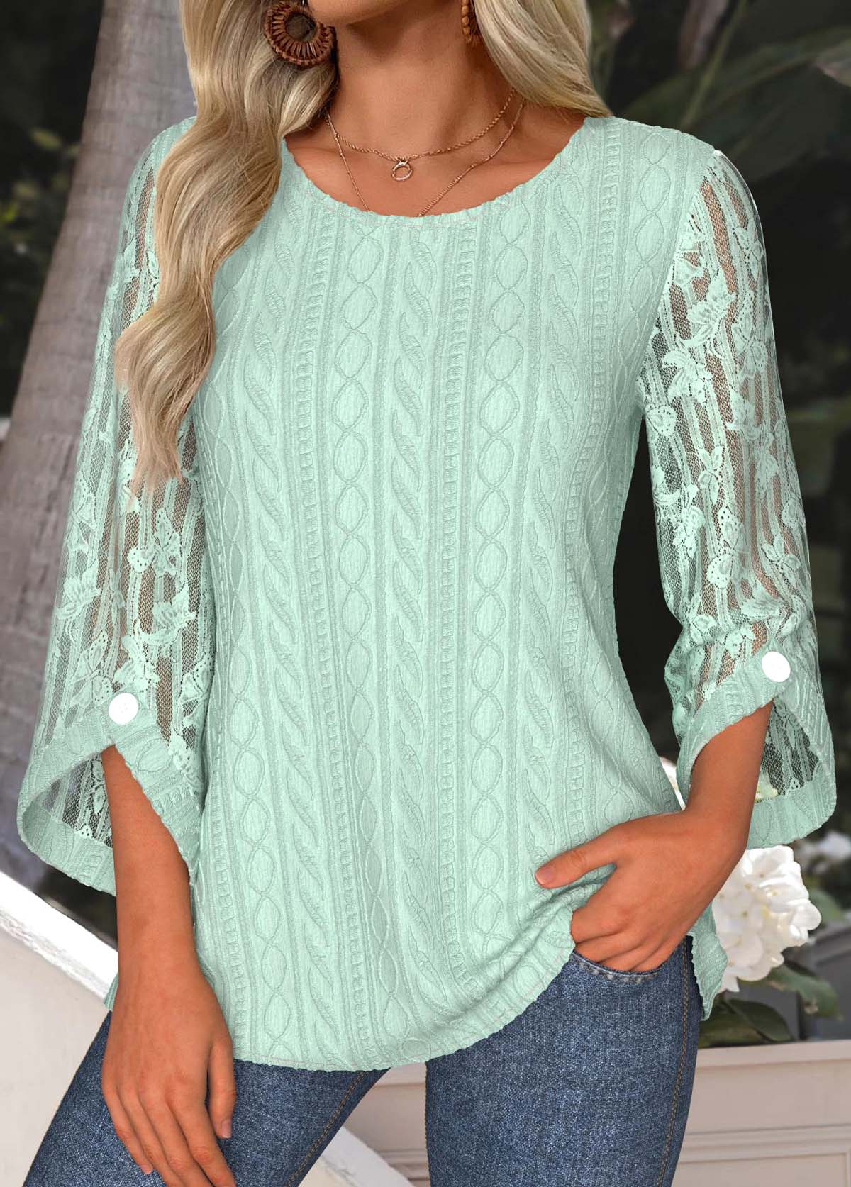 Mint Green Tummy Coverage 3/4 Sleeve Round Neck Blouse | picture 