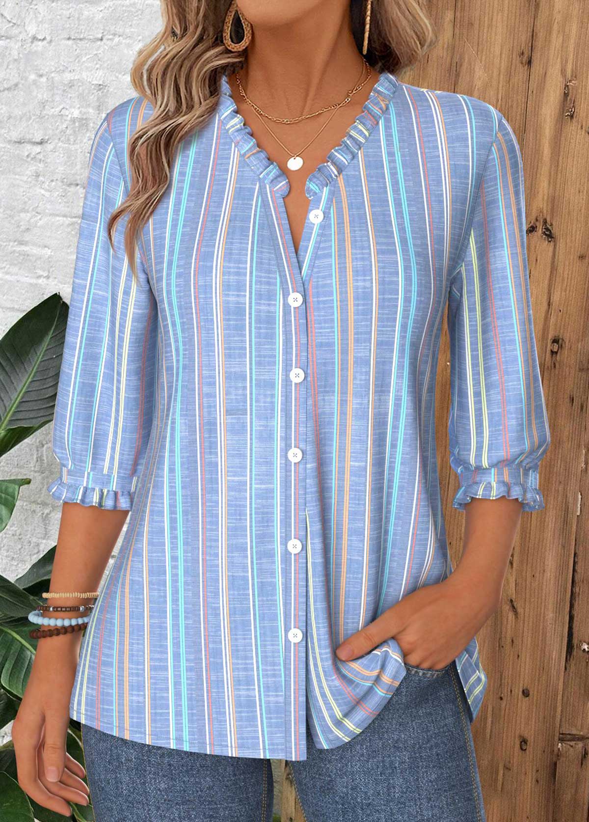 Dusty Blue Tummy Coverage Multi Stripe Print Blouse | picture 