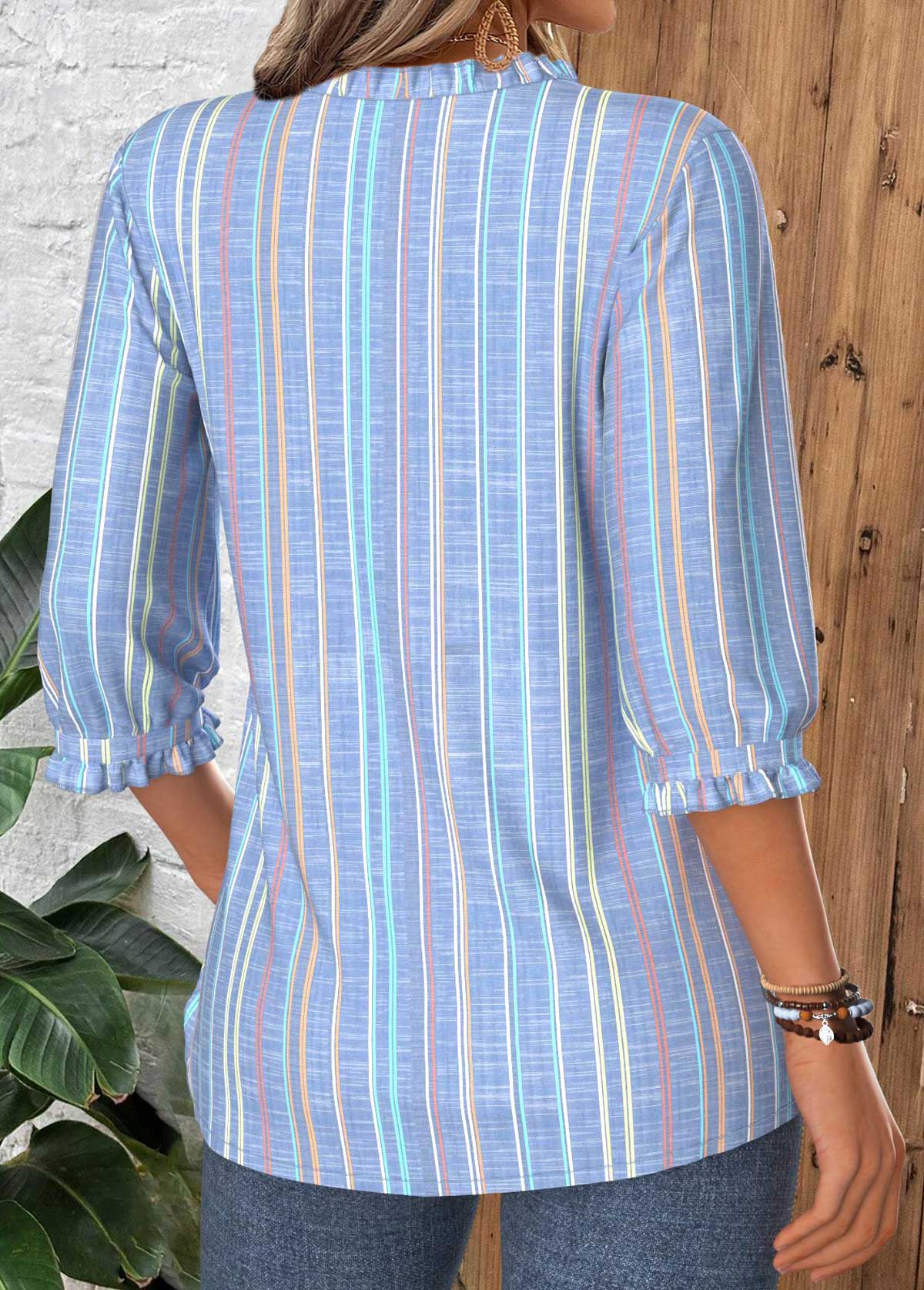 Dusty Blue Tummy Coverage Multi Stripe Print Blouse | picture 