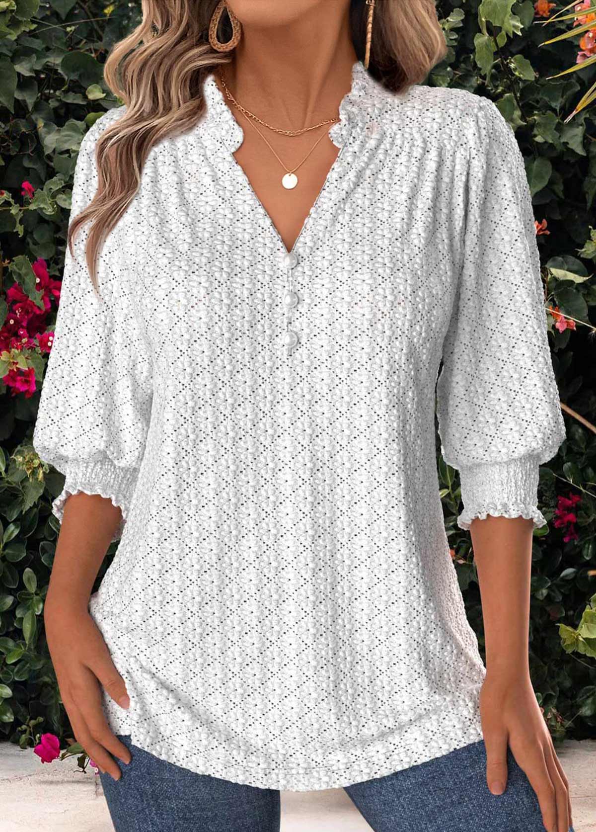 White Tummy Coverage 3/4 Sleeve V Neck Blouse | picture 