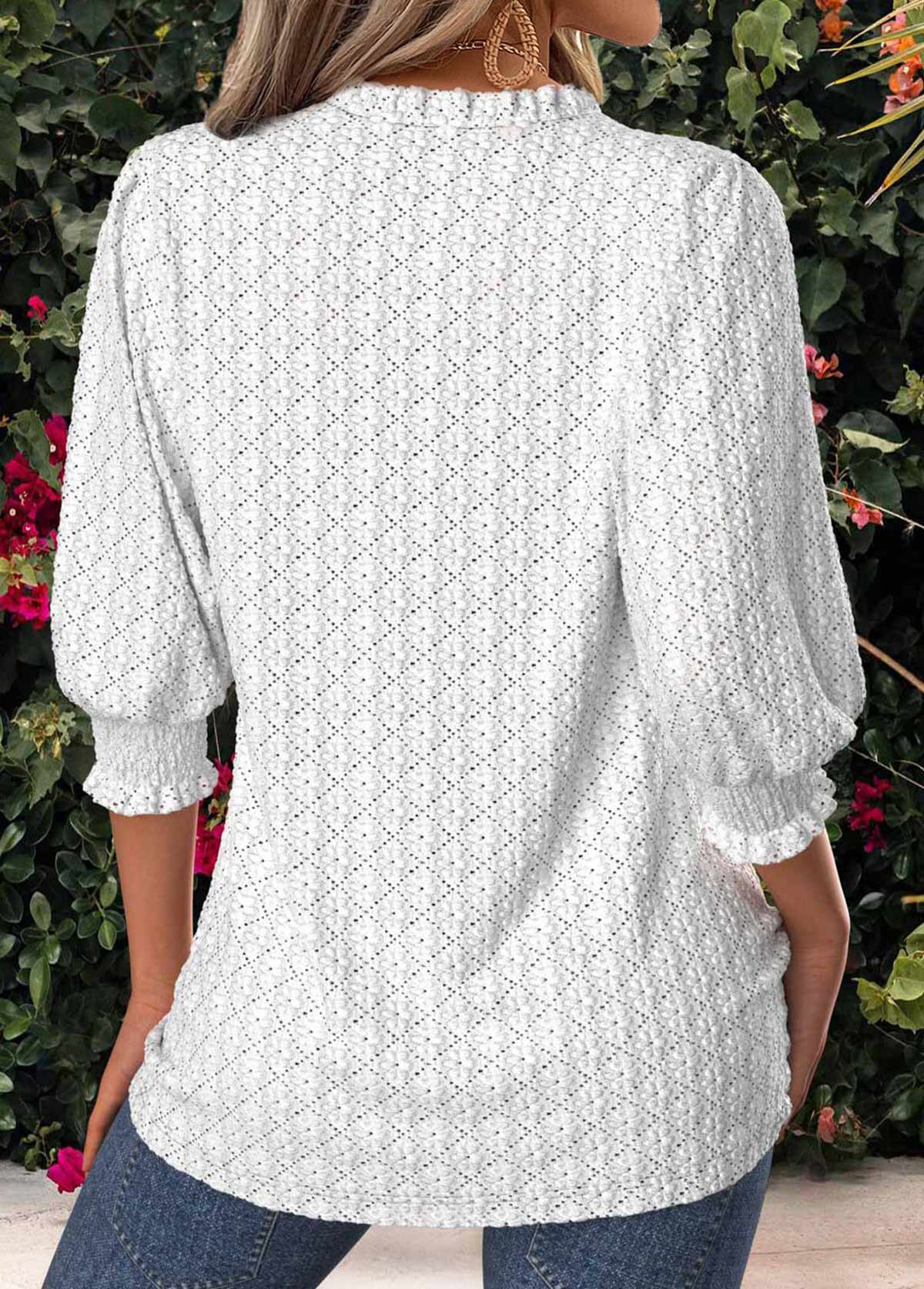 White Tummy Coverage 3/4 Sleeve V Neck Blouse | picture 