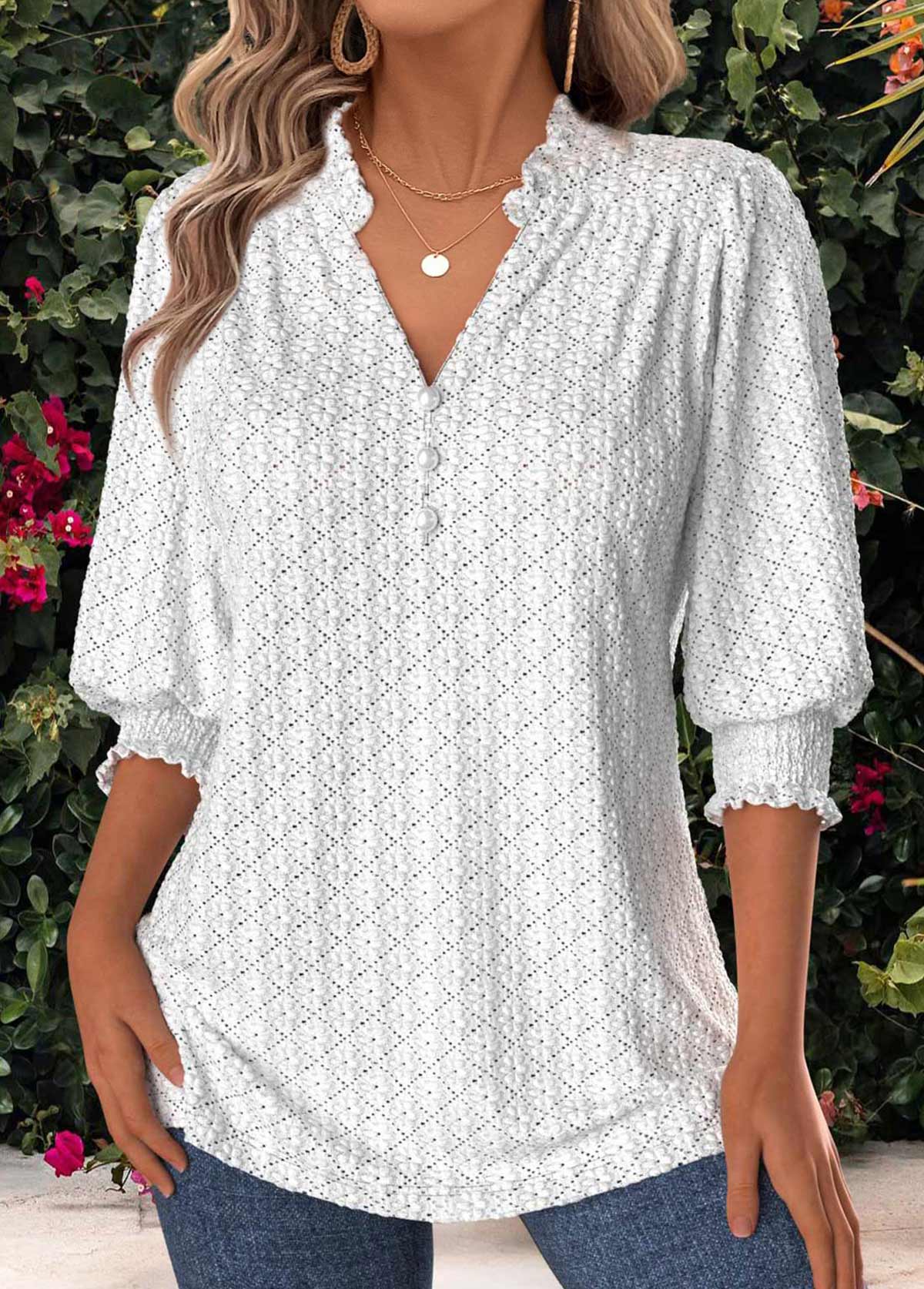 White Tummy Coverage 3/4 Sleeve V Neck Blouse | picture 