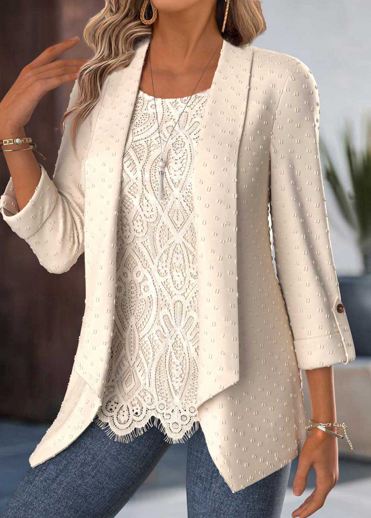 Beige Tummy Coverage 3/4 Sleeve Fake Two Piece Twinset | picture 