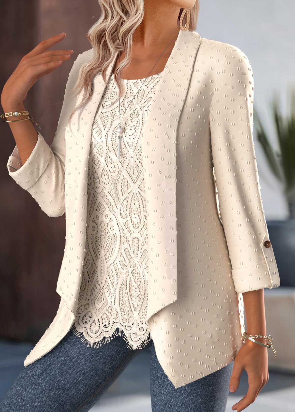 Beige Tummy Coverage 3/4 Sleeve Fake Two Piece Twinset | picture 