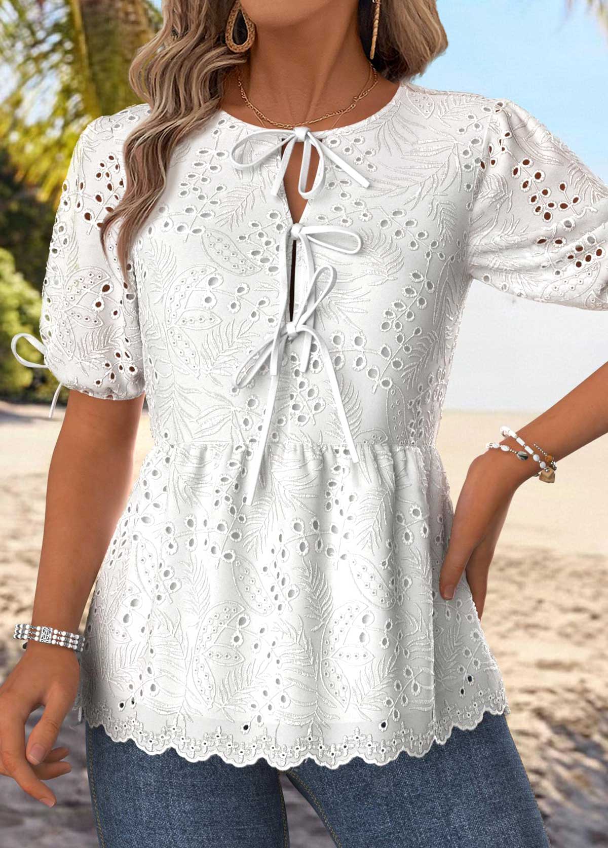 Raw White Tummy Coverage Half Sleeve Round Neck Blouse | picture 