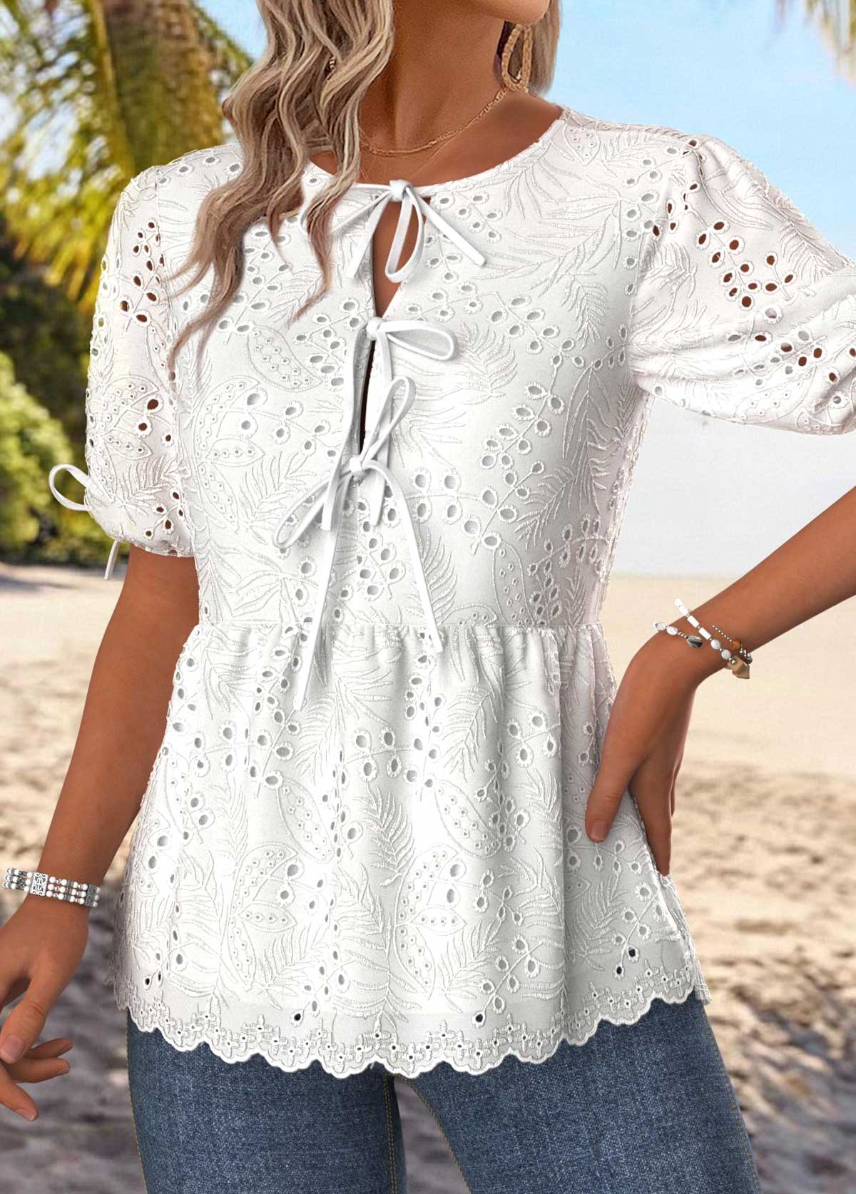 Raw White Tummy Coverage Half Sleeve Round Neck Blouse | picture 
