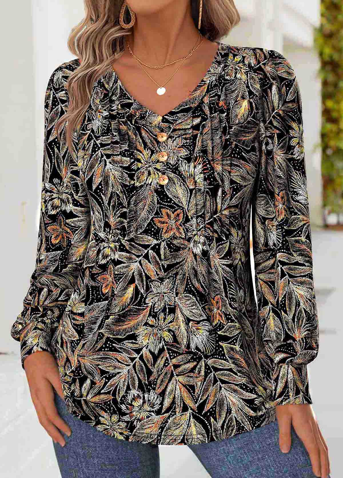 Black Tummy Coverage Floral Print Long Sleeve T Shirt | picture 