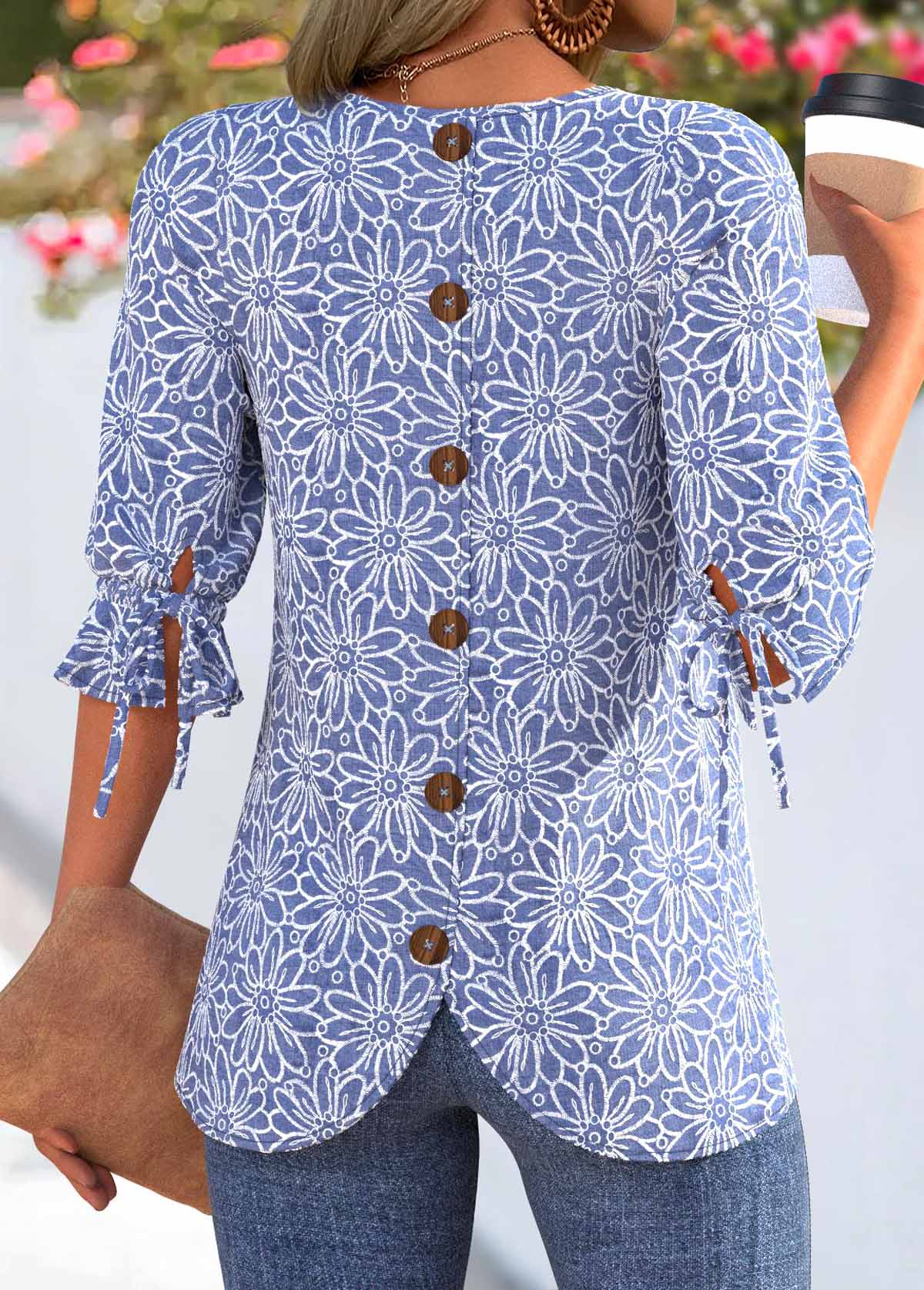 Blue Tummy Coverage Floral Print Half Sleeve Blouse | picture 