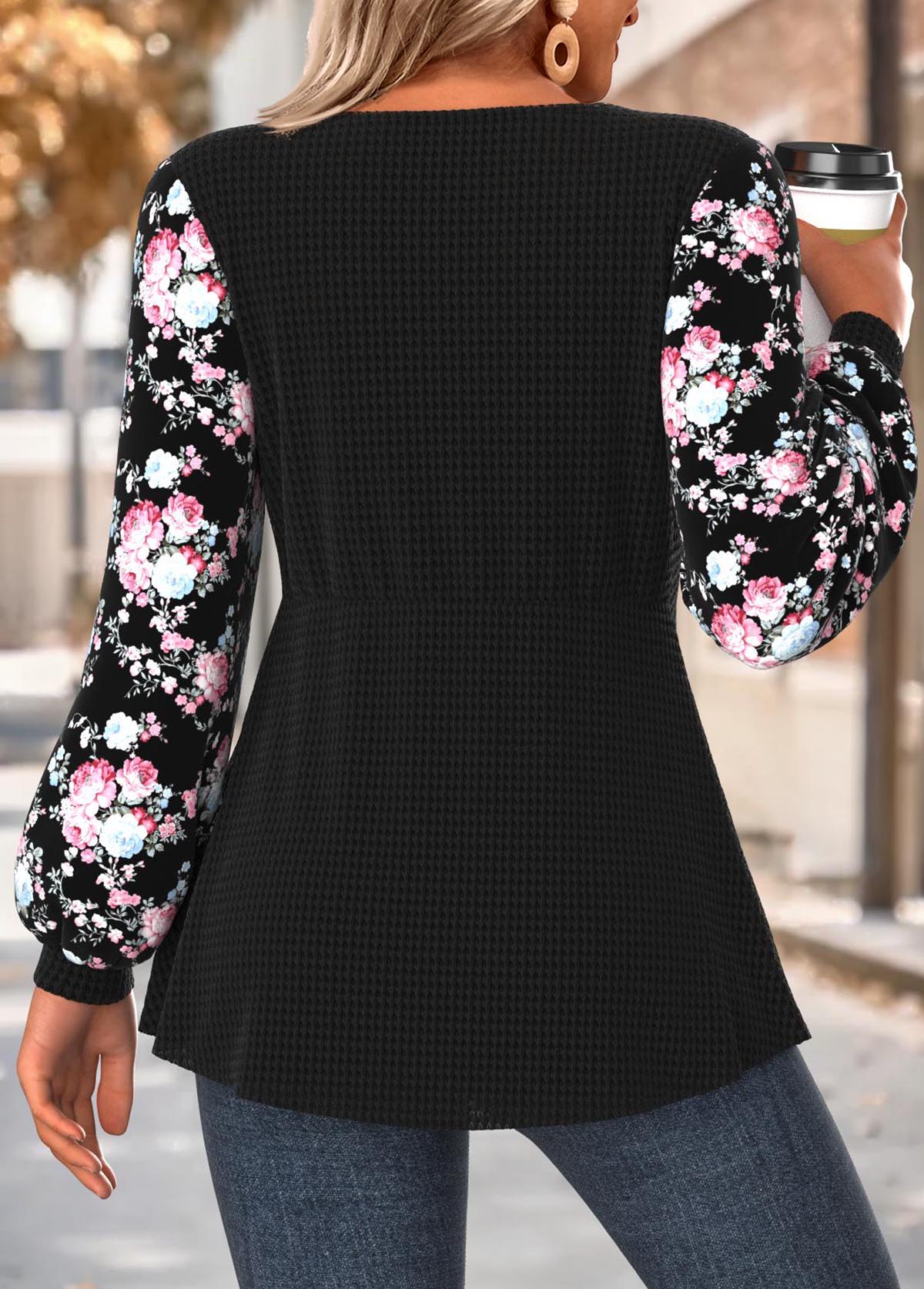 Black Tummy Coverage Floral Print Long Sleeve T Shirt | picture 