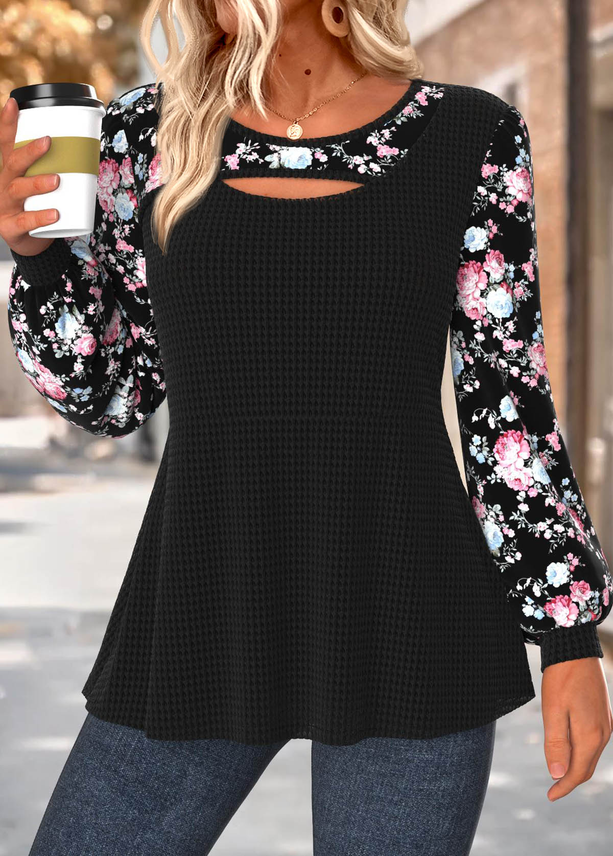 Black Tummy Coverage Floral Print Long Sleeve T Shirt | picture 