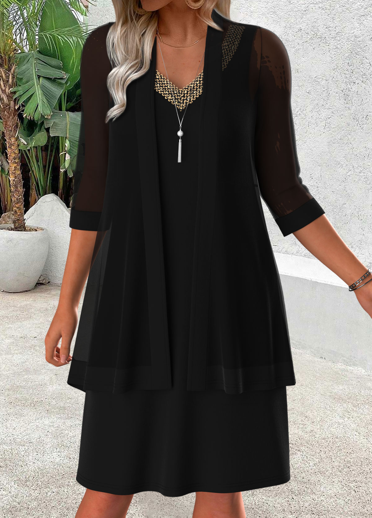 Black Tummy Coverage 3/4 Sleeve Dress and Cardigan | picture 