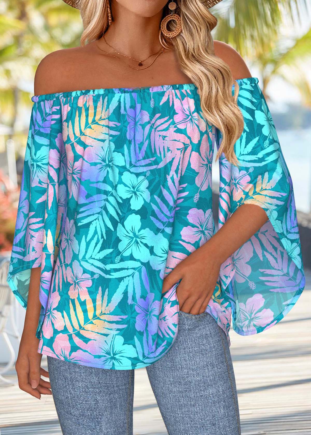 Sky Blue Tummy Coverage Tropical Plants Print Blouse | picture 