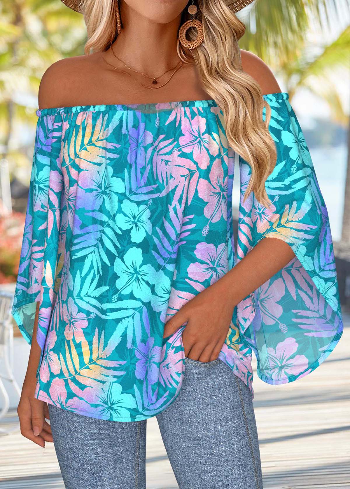Sky Blue Tummy Coverage Tropical Plants Print Blouse | picture 