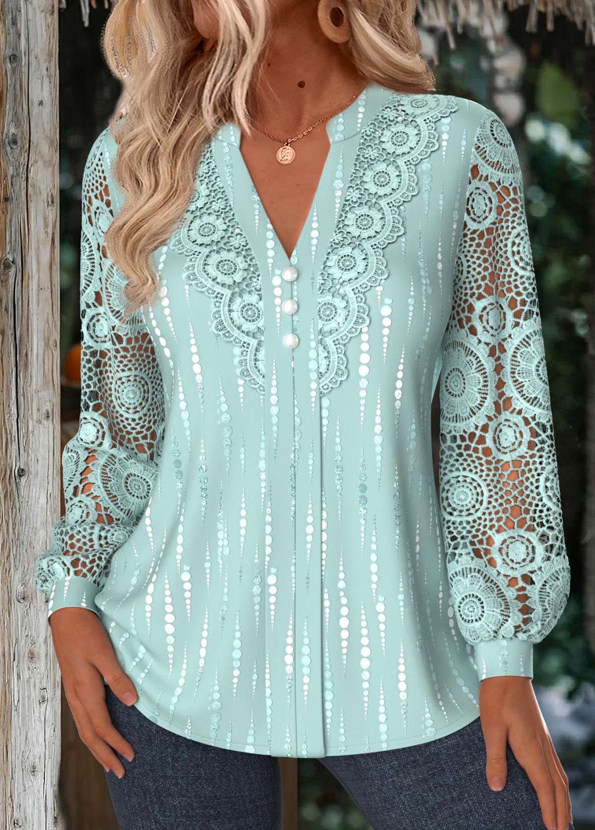 Mint Green Tummy Coverage Geometric Print Long Sleeve Shirt | picture 