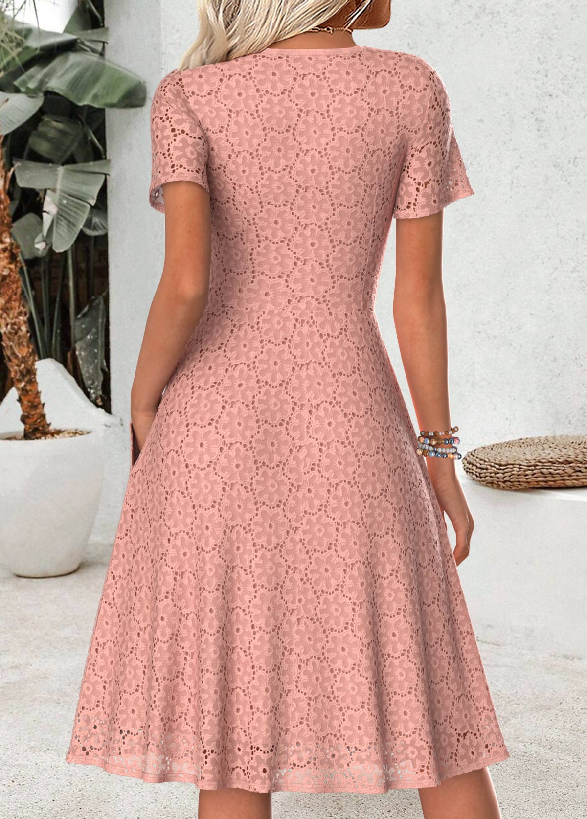 Dusty Pink Tummy Coverage Short Sleeve V Neck Dress | picture 