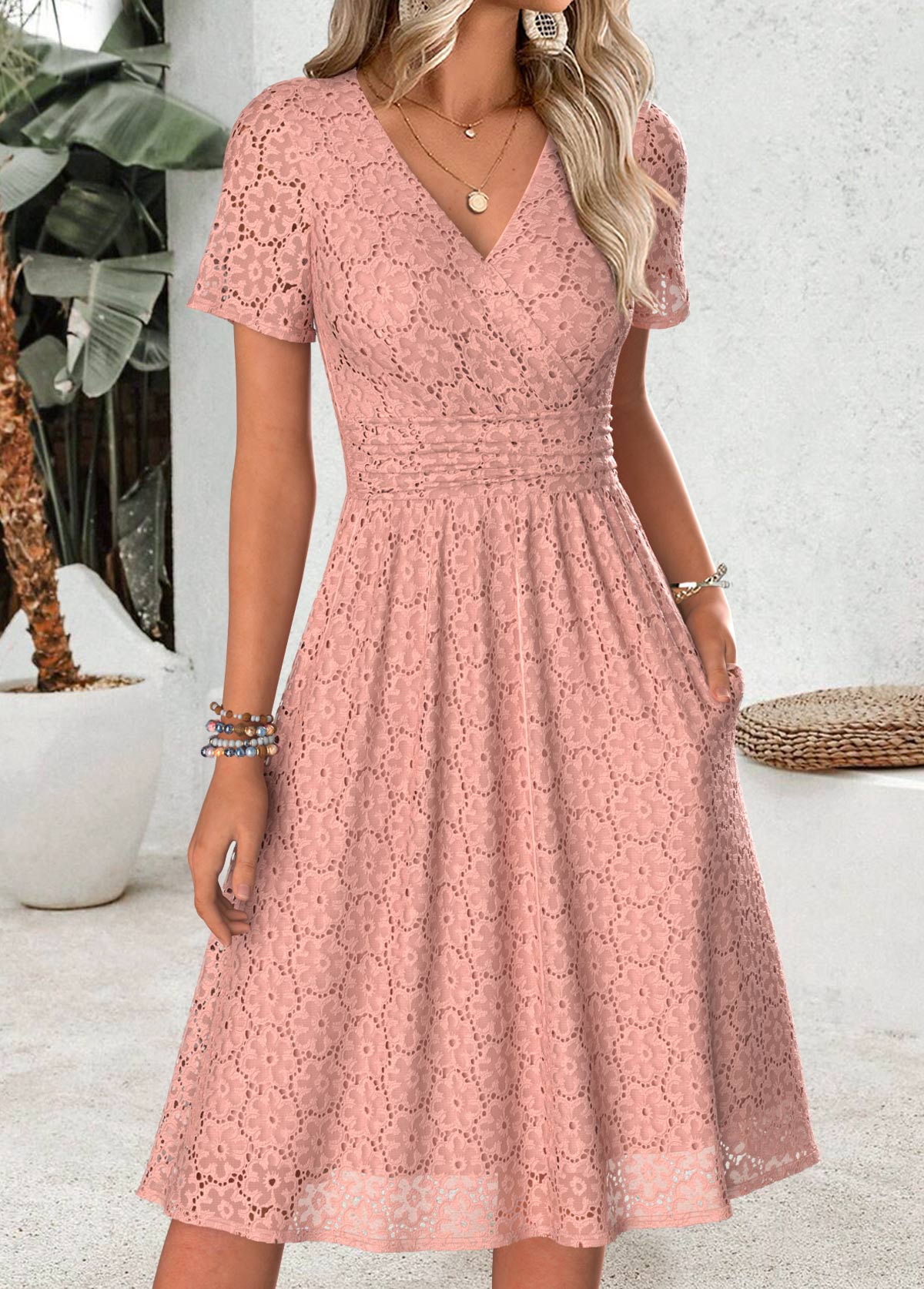 Dusty Pink Tummy Coverage Short Sleeve V Neck Dress | picture 