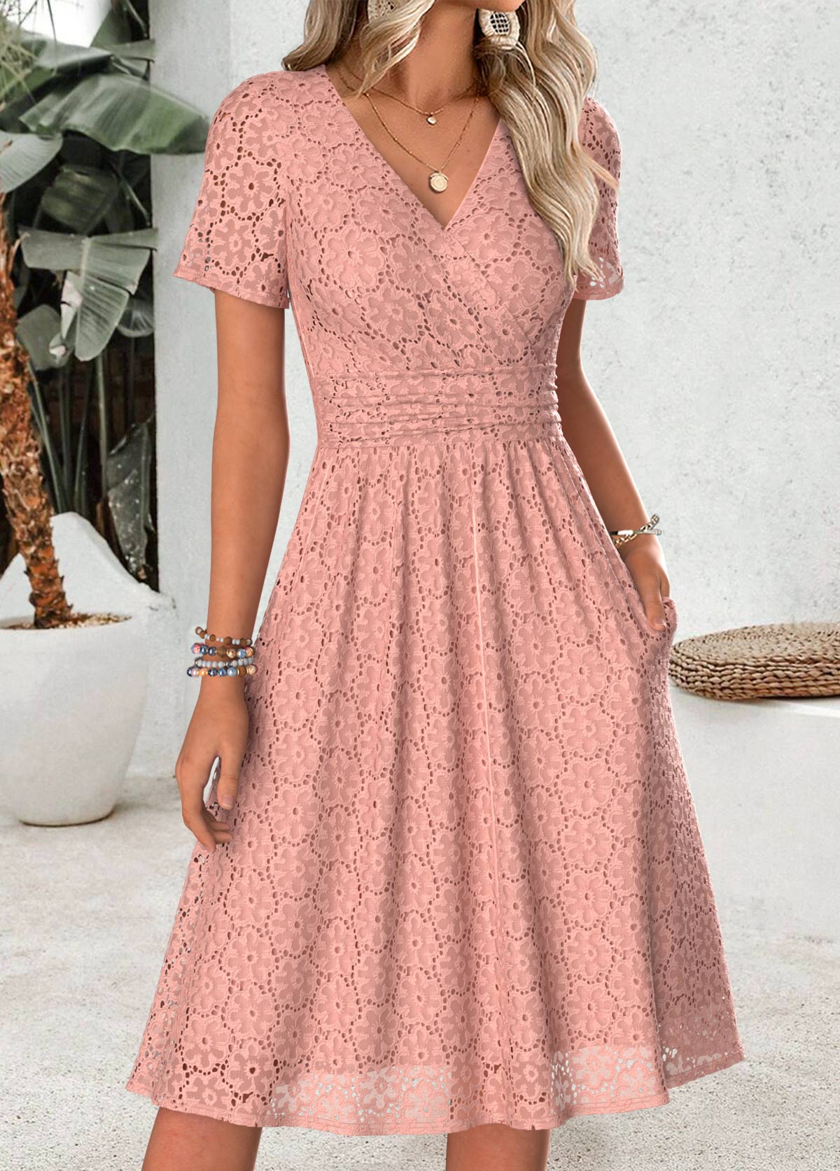 Dusty Pink Tummy Coverage Short Sleeve V Neck Dress | picture 