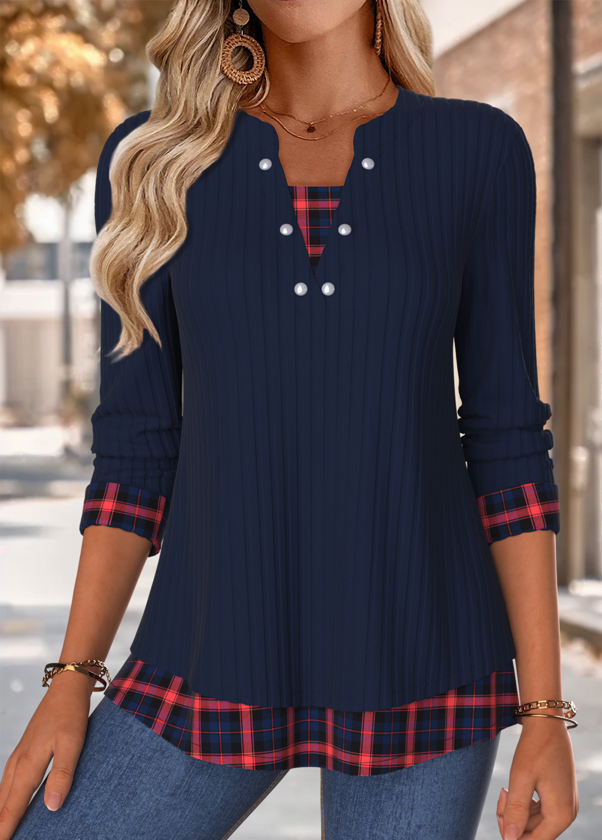 Navy Tummy Coverage Plaid 3/4 Sleeve Split Neck Blouse | picture 