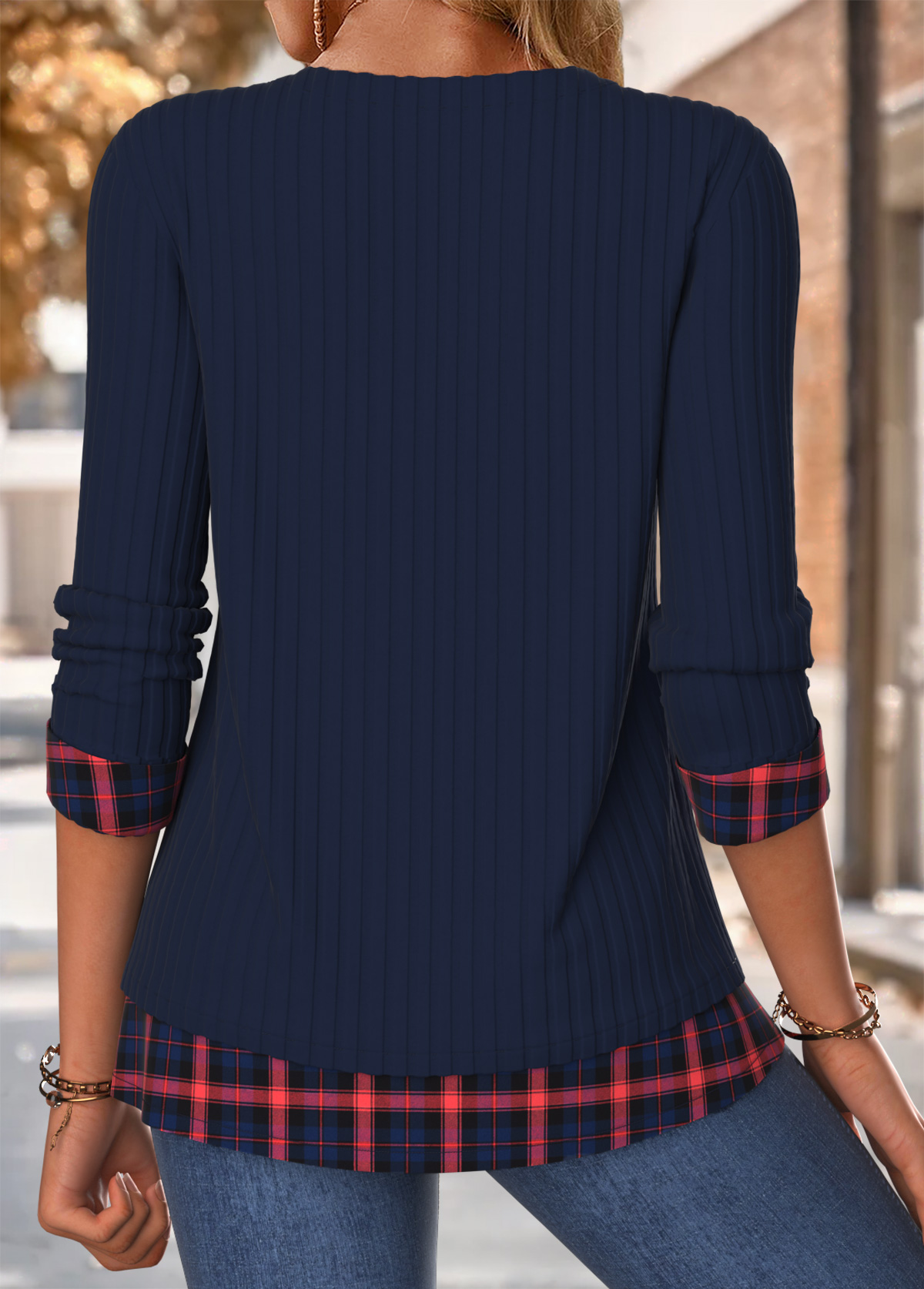 Navy Tummy Coverage Plaid 3/4 Sleeve Split Neck Blouse | picture 