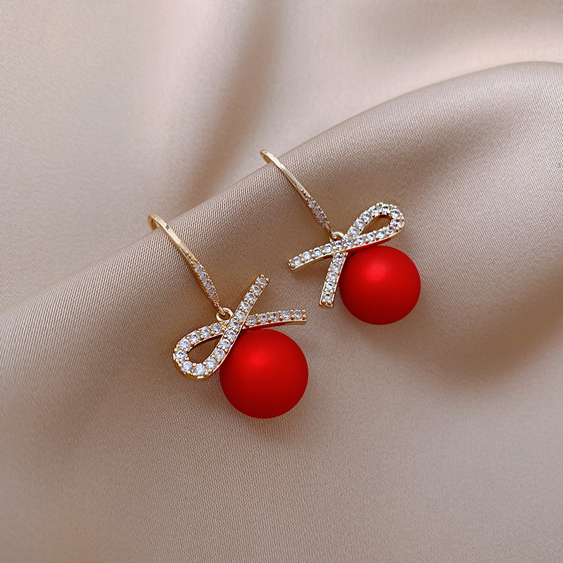 Red Bow Pearl Detail Rhinestone Earrings | picture 