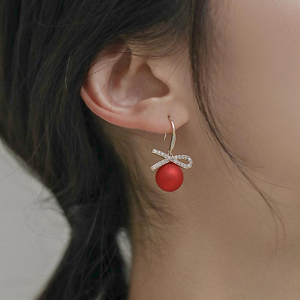 Red Bow Pearl Detail Rhinestone Earrings | picture 
