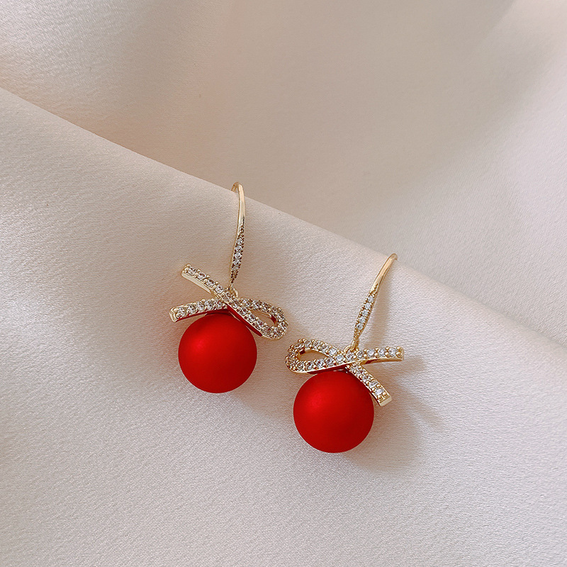 Red Bow Pearl Detail Rhinestone Earrings | picture 