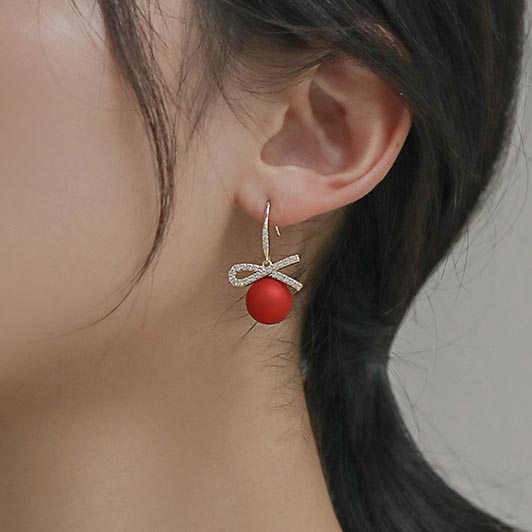 Red Bow Pearl Detail Rhinestone Earrings | picture 