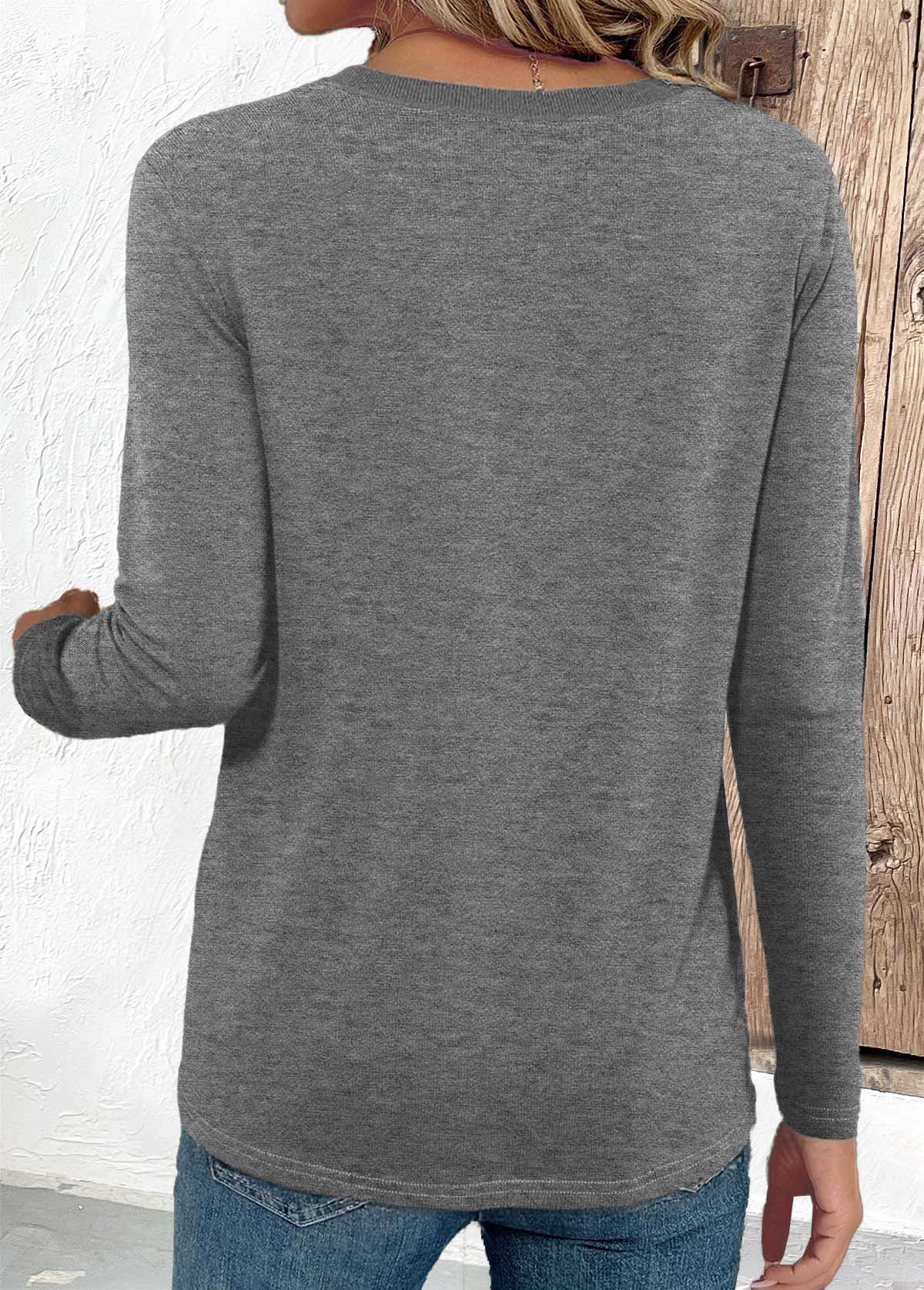 Grey Button Long Sleeve Round Neck T Shirt | picture 