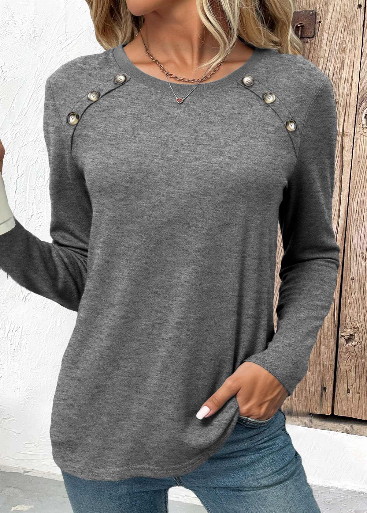Grey Button Long Sleeve Round Neck T Shirt | picture 