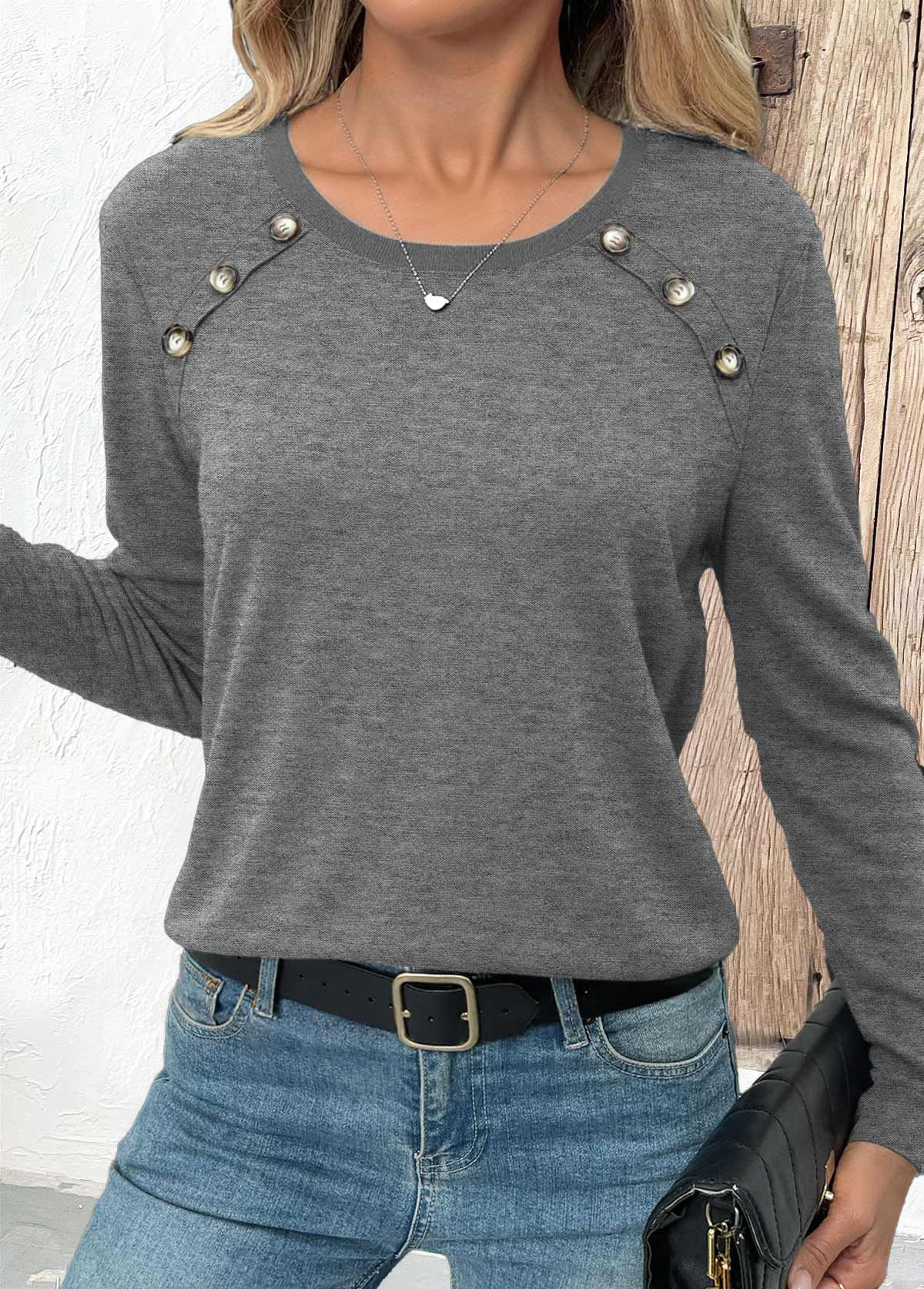 Grey Button Long Sleeve Round Neck T Shirt | picture 