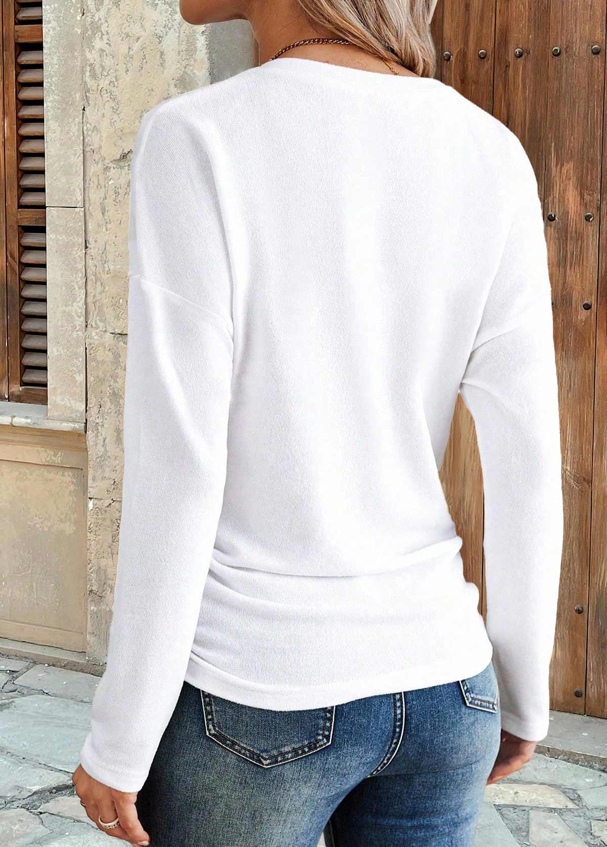 White Shirred Long Sleeve V Neck T Shirt | picture 