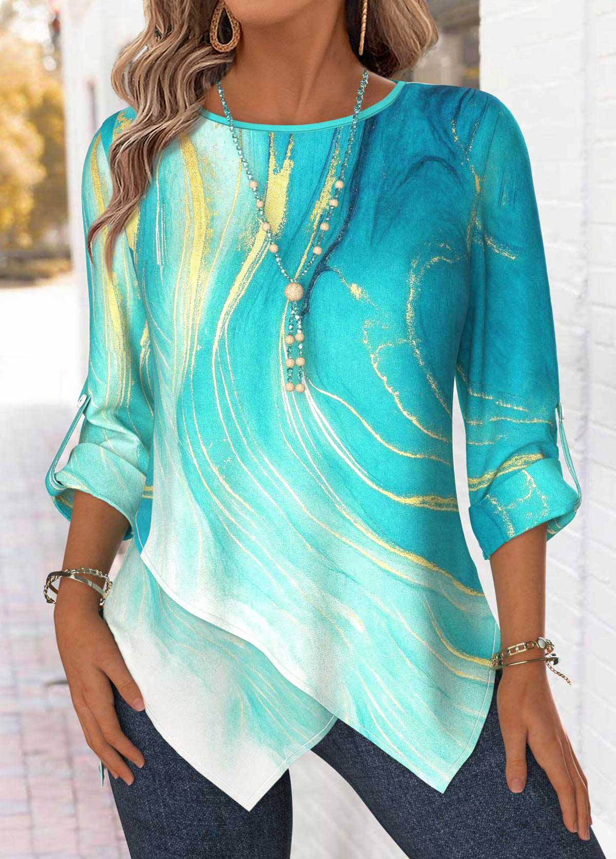 Mint Green Tummy Coverage Ombre Long Sleeve Blouse | picture 