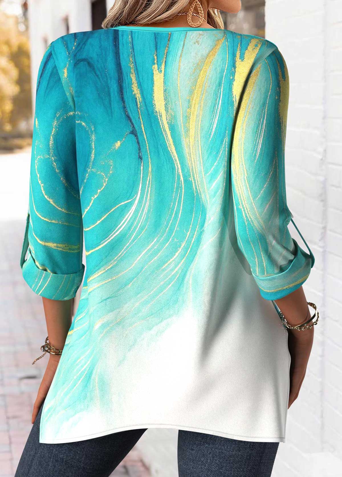 Mint Green Tummy Coverage Ombre Long Sleeve Blouse | picture 