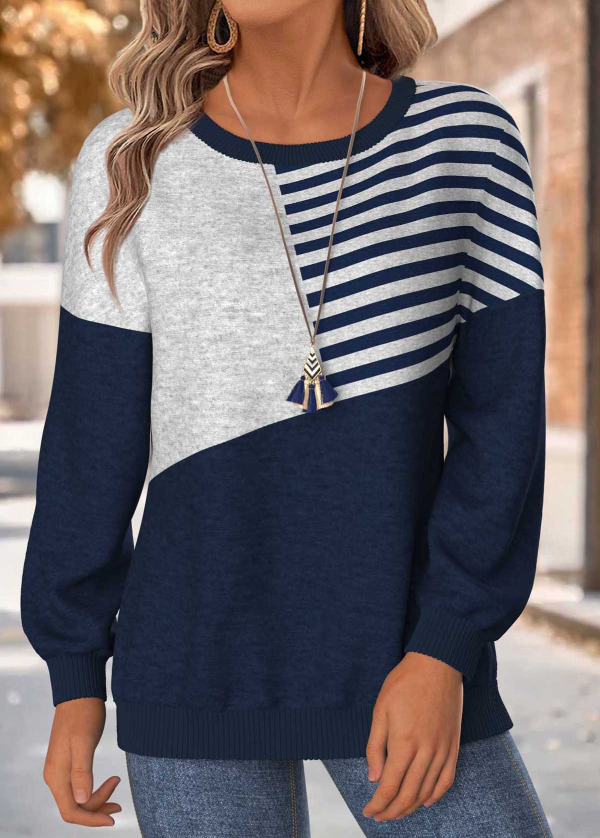 Navy Tummy Coverage Striped Long Sleeve Round Neck Sweatshirt | picture 