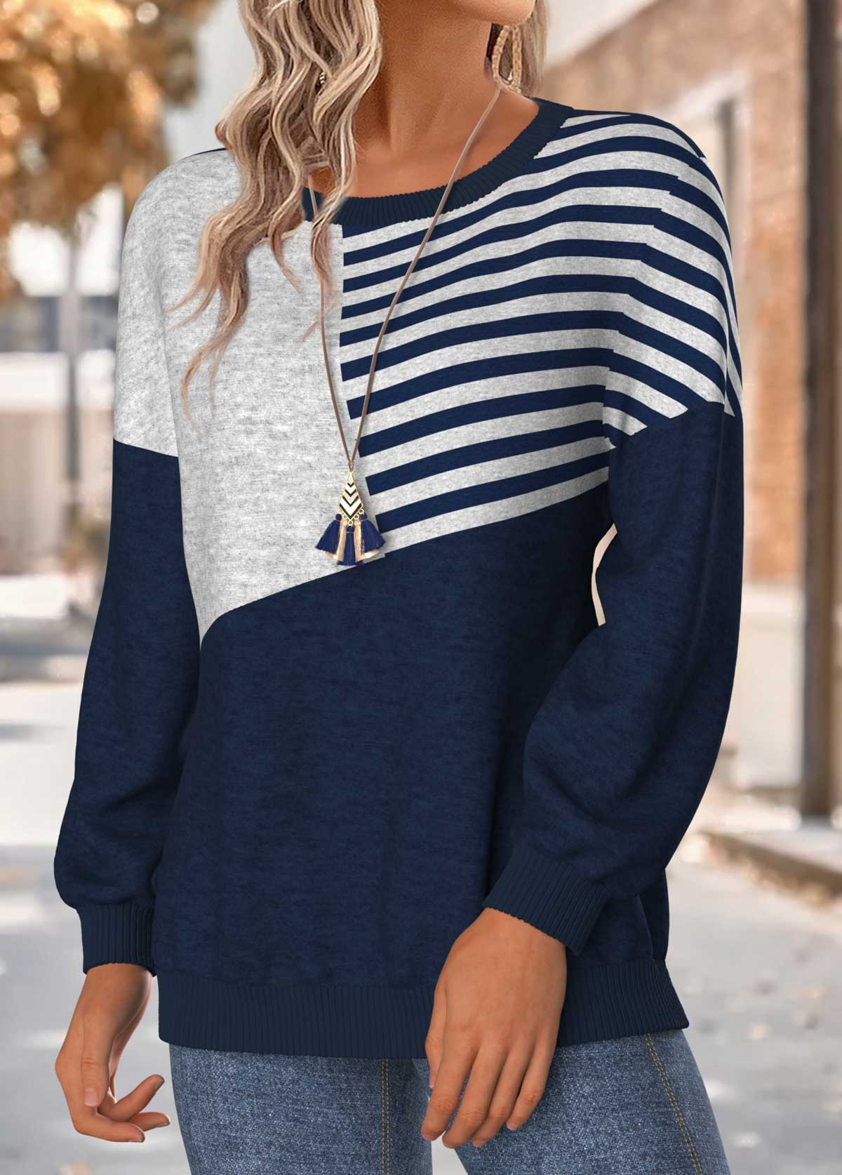 Navy Tummy Coverage Striped Long Sleeve Round Neck Sweatshirt | picture 