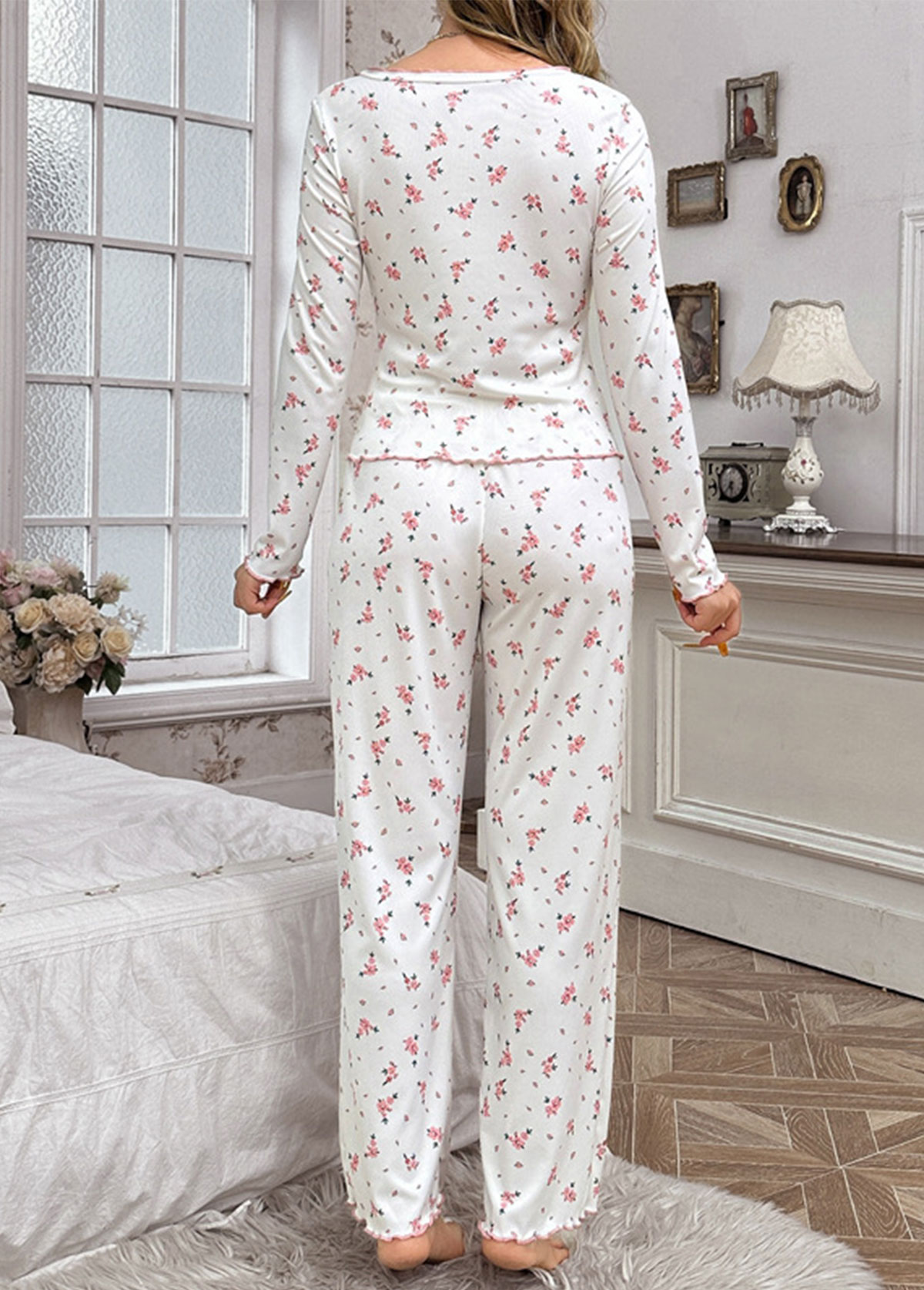 White Ditsy Floral Print Lounge Top and Pants | picture 