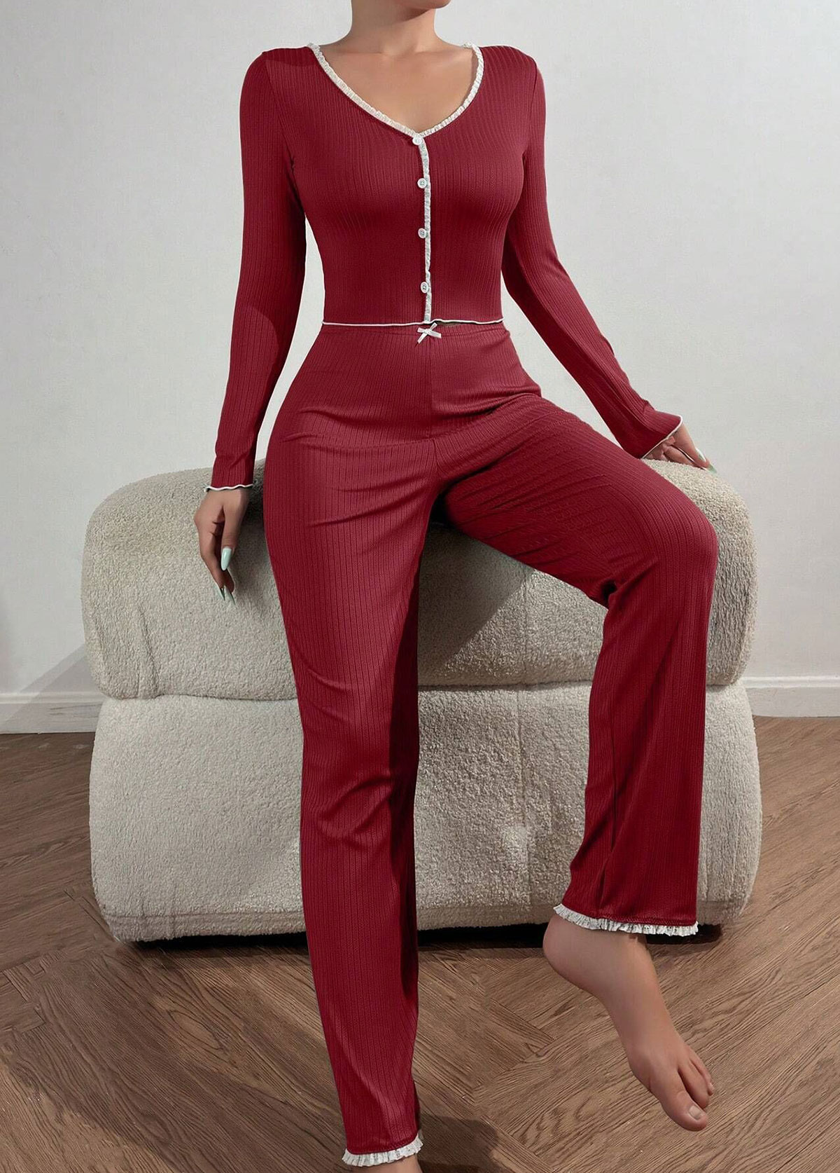 Wine Red Long Sleeve Lounge Top and Pants | picture 
