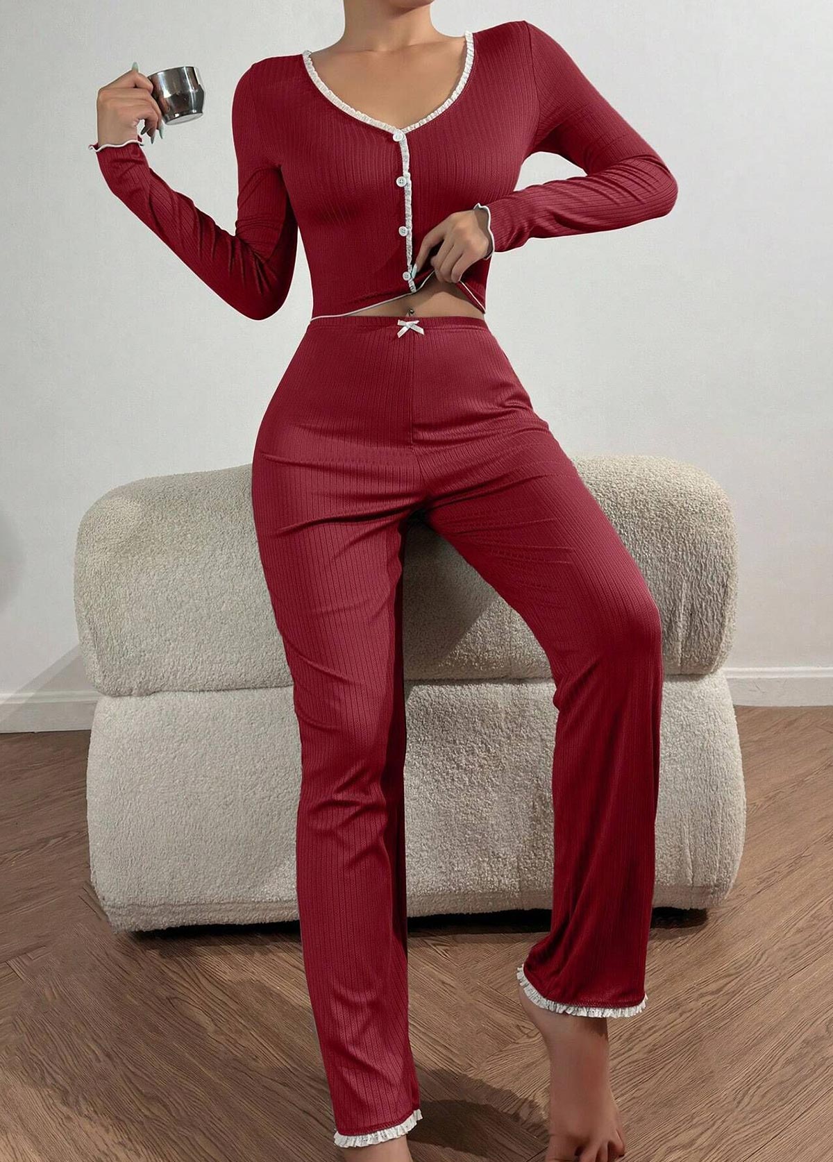 Wine Red Long Sleeve Lounge Top and Pants | picture 