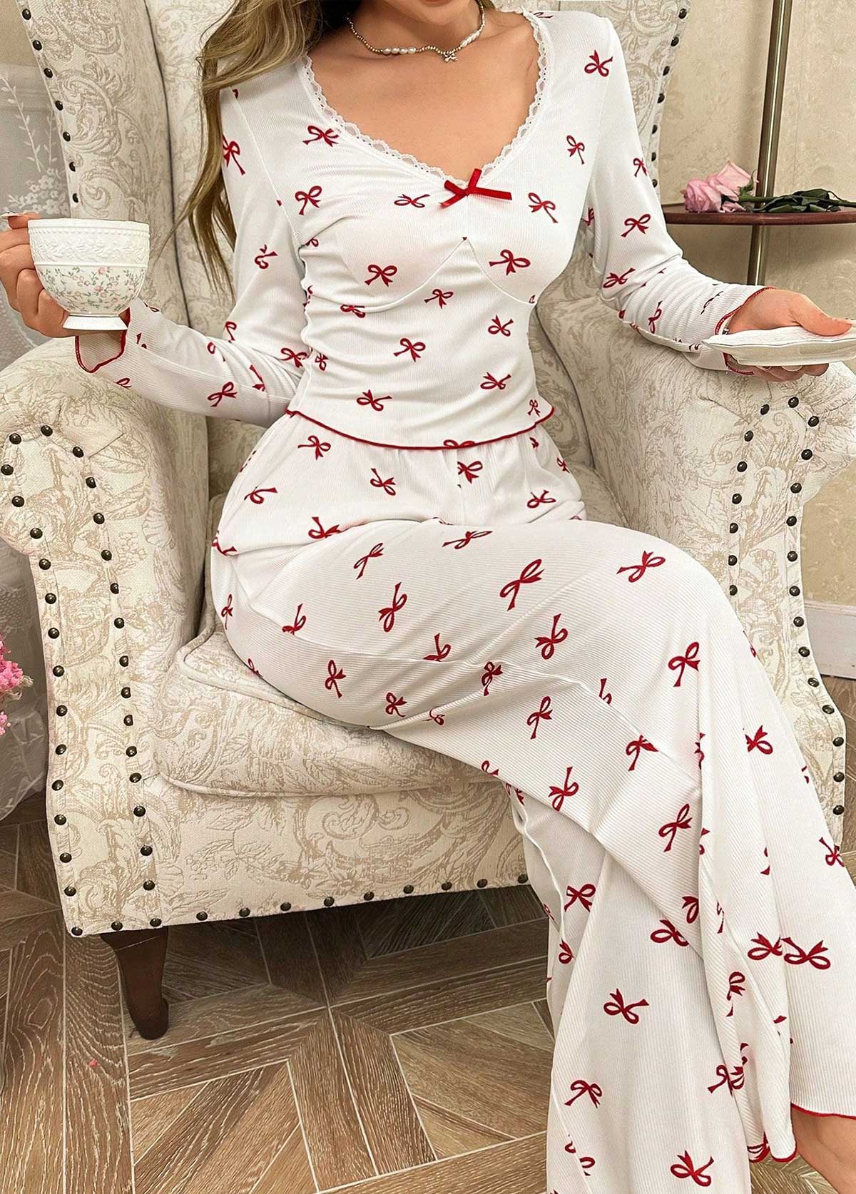 White Long Sleeve V Neck Lounge Top and Pants | picture 