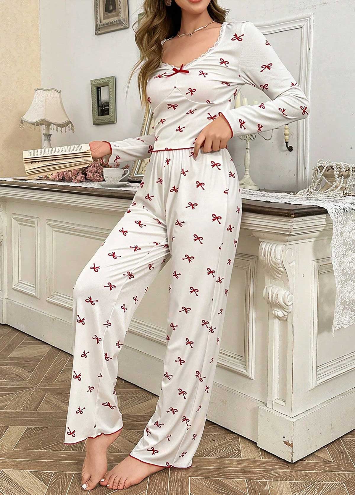 White Long Sleeve V Neck Lounge Top and Pants | picture 